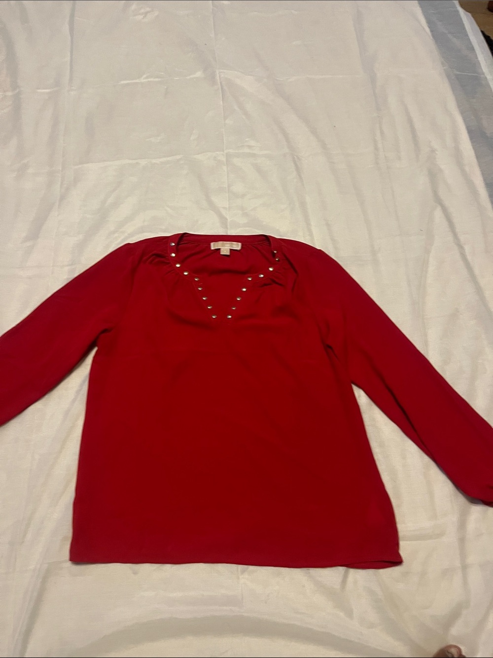 MICHAEL Michael Kors Red V-Neck Long-Sleeve Top with Stud Accents - Picture 5 of 6